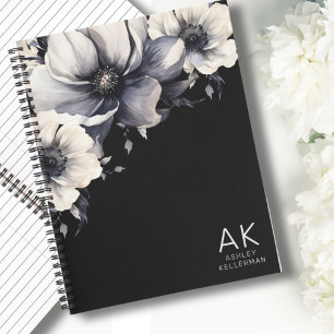 Moderne Bloem Initialen Zwart Wit Monogram Notitieboek