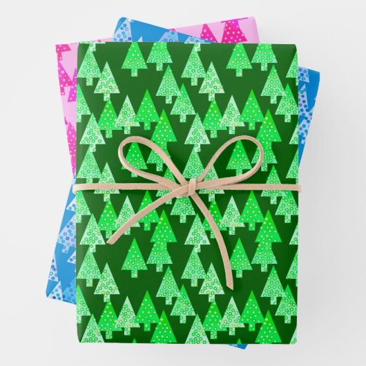 Moderne Bloem Kerstbomen, Groen, Blauw, Roze Inpakpapier Vel (In situ)