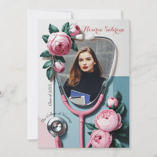 Moderne Bloem Roze Rozen Stethoscoop Afstuderen Aankondiging