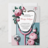 Moderne Bloem Roze Rozen Stethoscoop Afstuderen Aankondiging (Achterkant)