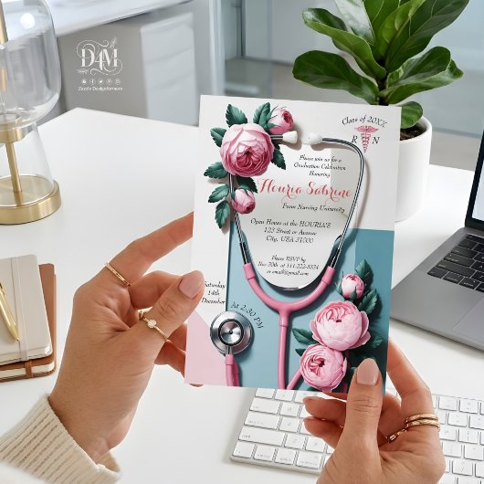 Moderne Bloem Roze Rozen Stethoscoop Afstuderen Acryl Uitnodigingen