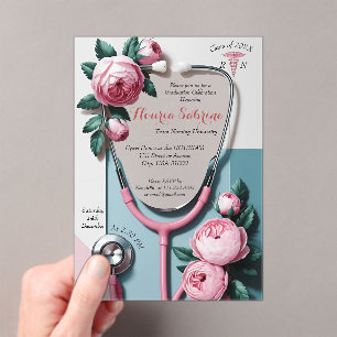 Moderne Bloem Roze Rozen Stethoscoop Afstuderen Acryl Uitnodigingen