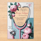 Moderne Bloem Roze Rozen Stethoscoop Afstuderen Acryl Uitnodigingen (Voorkant)