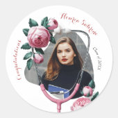 Moderne Bloem Roze Rozen Stethoscoop Afstuderen Ronde Sticker (Voorkant)