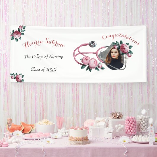 Moderne Bloem Roze Rozen Stethoscoop Afstuderen Spandoek (Feest)