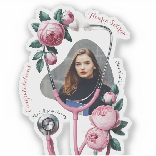 Moderne Bloem Roze Rozen Stethoscoop Afstuderen Sticker (Voorkant)