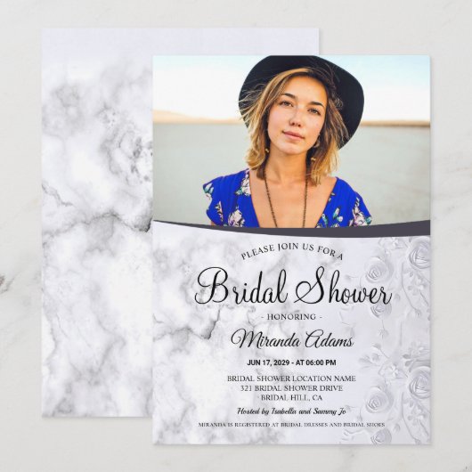 Moderne bloem witte marmeren foto bruidsdouche kaart (Voorkant / Achterkant)