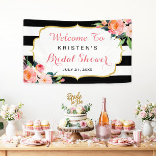 Moderne bloem zwarte witte strepen bruids douche spandoek
