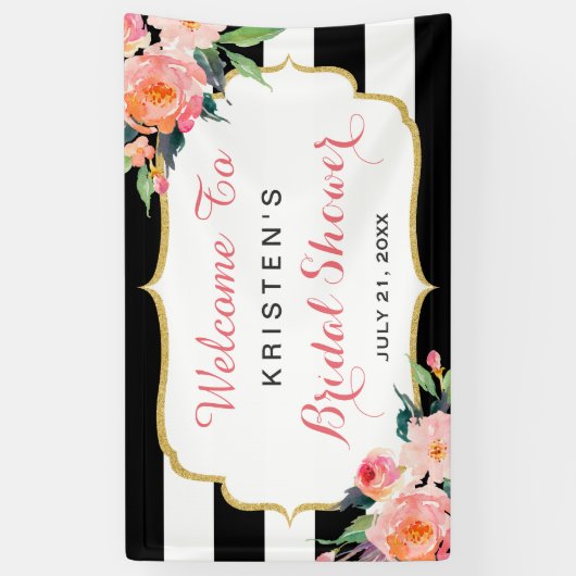 Moderne bloem zwarte witte strepen bruids douche spandoek (Verticaal)