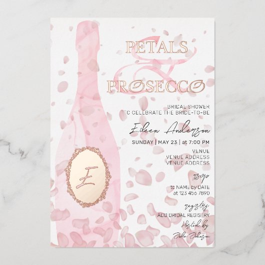 Moderne bloemblaadjes & Prosecco Roze Rose Vrijgez Folie Uitnodiging (Voorkant)