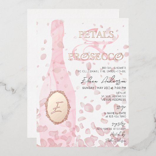 Moderne bloemblaadjes & Prosecco Roze Rose Vrijgez Folie Uitnodiging (Voorkant / Achterkant)
