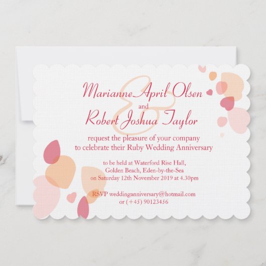 Moderne bloemblaadjes rode robijn bruiloft uitnodi kaart (Achterkant)