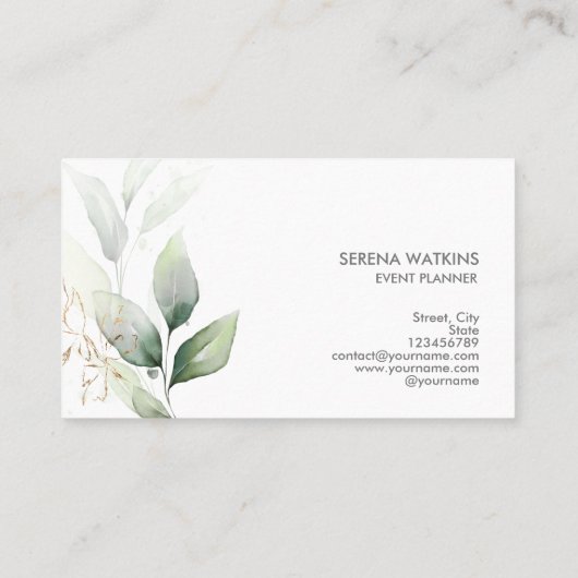 Moderne Bloembladeren Groen Waterverf Goud Visitekaartje (Achterkant)