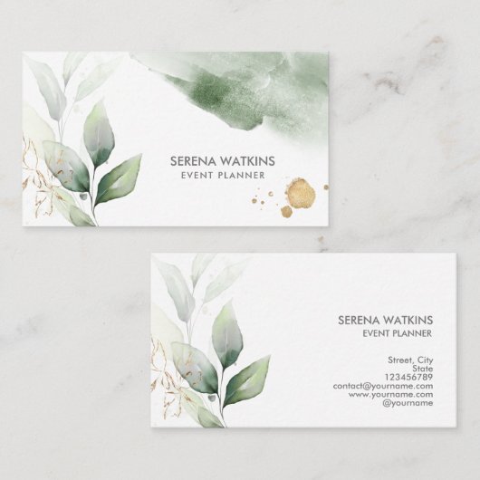 Moderne Bloembladeren Groen Waterverf Goud Visitekaartje (Voorkant / Achterkant)