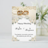 Moderne bloemdecoraties en 2 gouden ringen trouwen kaart (Staand voorkant)