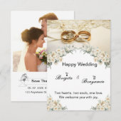 Moderne bloemdecoraties en 2 gouden ringen trouwen kaart (Voorkant / Achterkant)