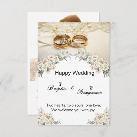 Moderne bloemdecoraties en 2 gouden ringen trouwen kaart (Voorkant / Achterkant)