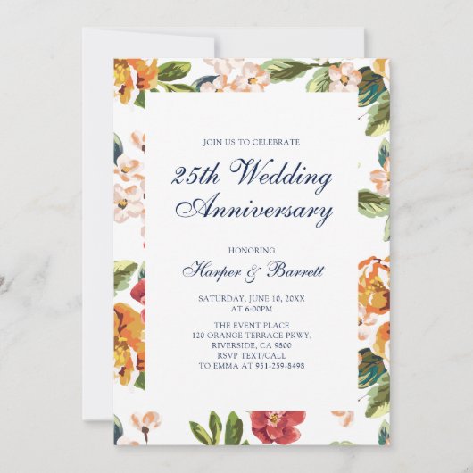 Moderne bloemen 25e huwelijksjubileum feest kaart (Voorkant)