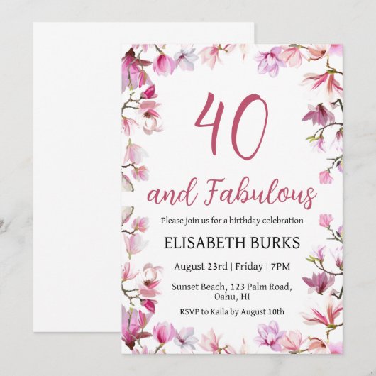 Moderne Bloemen 40ste verjaardag Uitnodigingen (Voorkant / Achterkant)