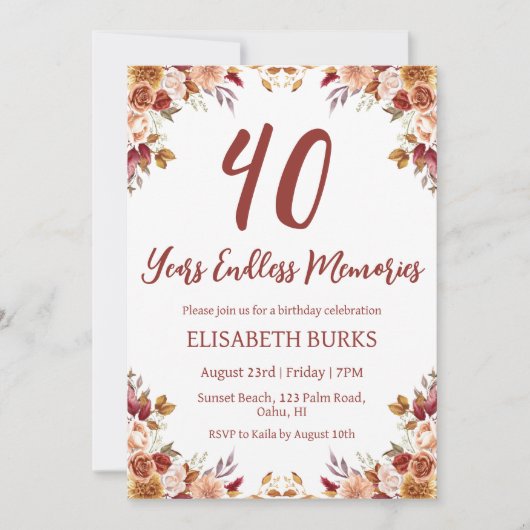 Moderne Bloemen 40ste verjaardag Uitnodigingen (Voorkant)