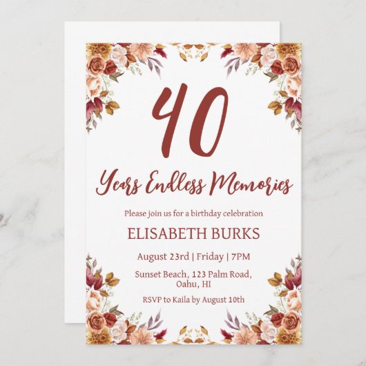 Moderne Bloemen 40ste verjaardag Uitnodigingen (Voorkant / Achterkant)
