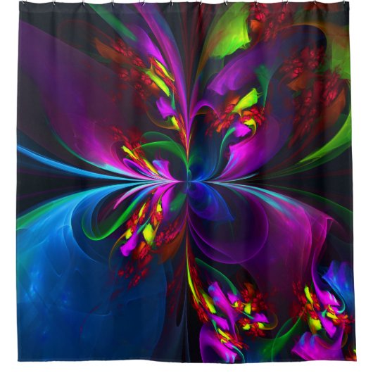 Moderne Bloemen Abstracte Kunst Rood Blauw Patroon Douchegordijn (Voorkant)