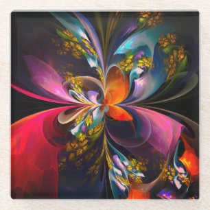 Moderne Bloemen Abstracte Kunst Rood Blauw Patroon Glazen Onderzetter