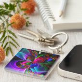 Moderne Bloemen Abstracte Kunst Rood Blauw Patroon Sleutelhanger (Voorkant Rechts)