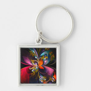 Moderne Bloemen Abstracte Kunst Rood Blauw Patroon Sleutelhanger