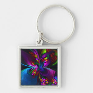 Moderne Bloemen Abstracte Kunst Rood Blauw Patroon Sleutelhanger