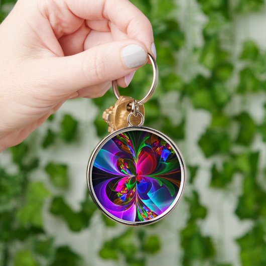 Moderne Bloemen Abstracte Kunst Rood Blauw Patroon Sleutelhanger (Hand)