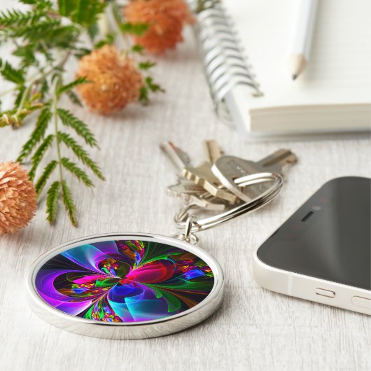 Moderne Bloemen Abstracte Kunst Rood Blauw Patroon Sleutelhanger (Zijkant)