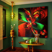 Moderne Bloemen Abstracte Kunst Rood Groen Patroon Canvas Afdruk