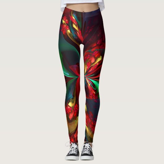Moderne Bloemen Abstracte Kunst Rood Groen Patroon Leggings (Voorkant)