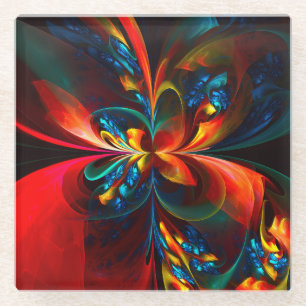 Moderne Bloemen Abstracte Kunst Sinaasappel Blauw Glazen Onderzetter