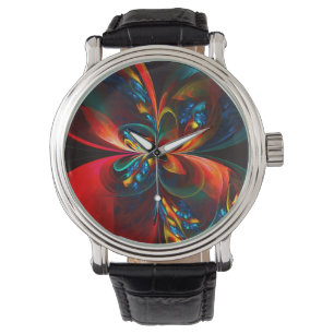 Moderne Bloemen Abstracte Kunst Sinaasappel Blauw  Horloge