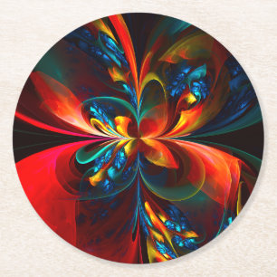 Moderne Bloemen Abstracte Kunst Sinaasappel Blauw  Ronde Kartonnen Onderzetter