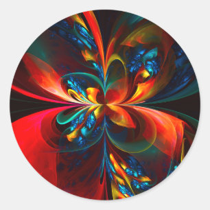 Moderne Bloemen Abstracte Kunst Sinaasappel Blauw Ronde Sticker