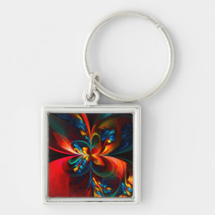 Moderne Bloemen Abstracte Kunst Sinaasappel Blauw Sleutelhanger