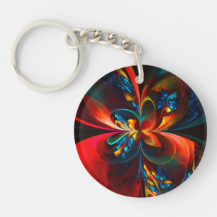 Moderne Bloemen Abstracte Kunst Sinaasappel Blauw Sleutelhanger