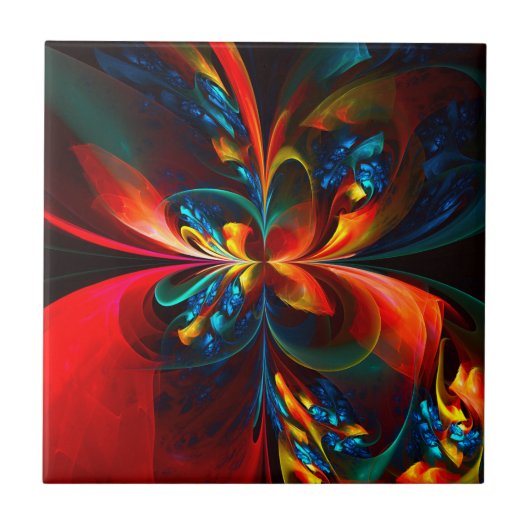 Moderne Bloemen Abstracte Kunst Sinaasappel Blauw Tegeltje (Voorkant)