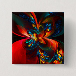 Moderne Bloemen Abstracte Kunst Sinaasappel Blauw Vierkante Button 5,1 Cm