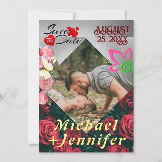 Moderne Bloemen Bewaar de datum Custom Foto Bruilo Kaart (Voorkant)