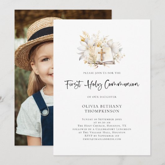Moderne Bloemen Bijbel Foto Eerste Heilige Communi Kaart (Voorkant / Achterkant)