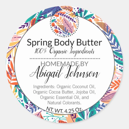 Moderne bloemen + bladeren scrub / body boter labe ronde sticker (Voorkant)