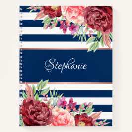 Moderne Bloemen Blauw en Witte Streep Gepersonalis Notitieboek