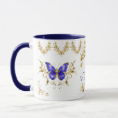 Moderne bloemen blauw & gouden vlinders monogram mok (Links)