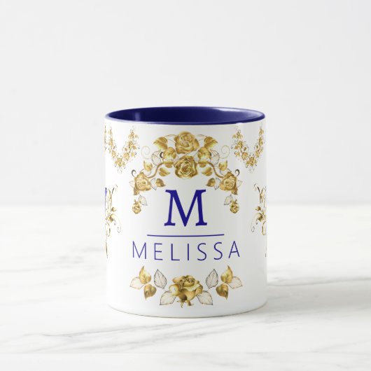 Moderne bloemen blauw & gouden vlinders monogram mok (Midden)