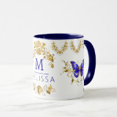 Moderne bloemen blauw & gouden vlinders monogram mok (Voorkant rechts)