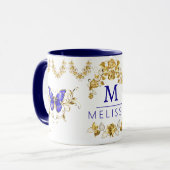 Moderne bloemen blauw & gouden vlinders monogram mok (Voorkant links)